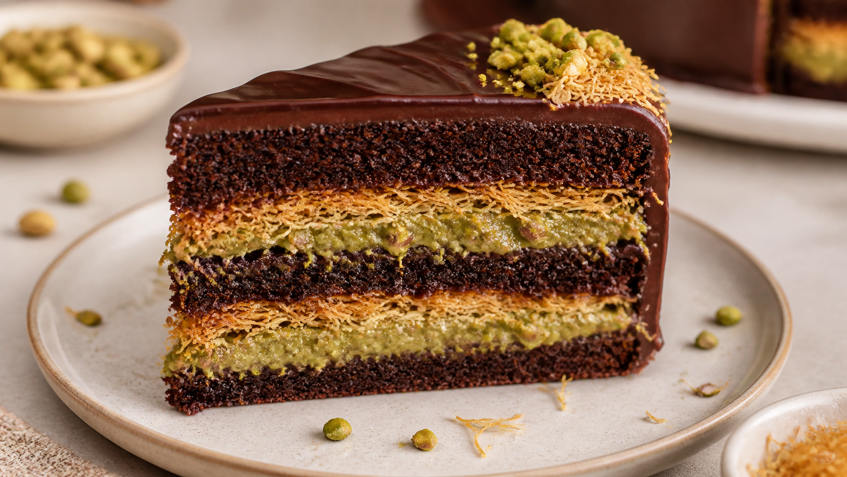 Chocolate Kunafa Pistachio Cake